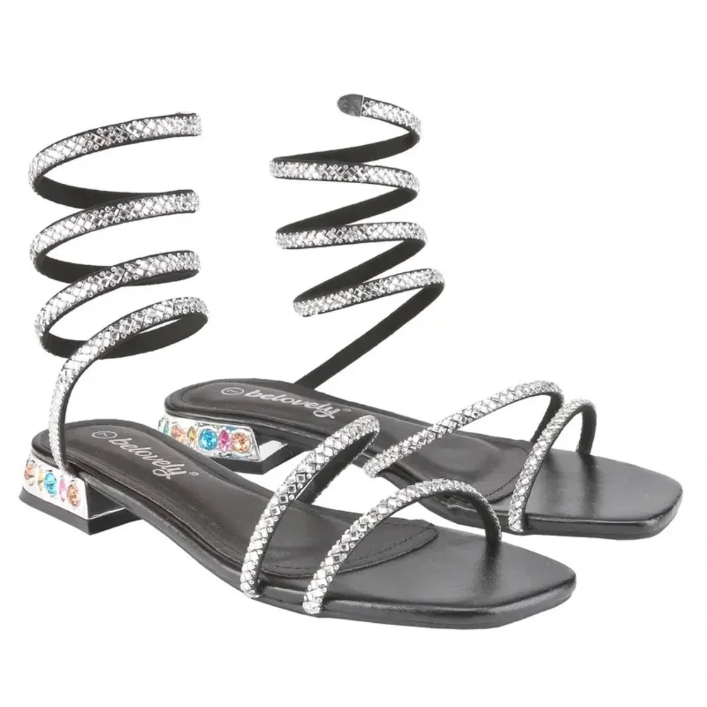 Black and Silver Rhinestone Spiral Sandals